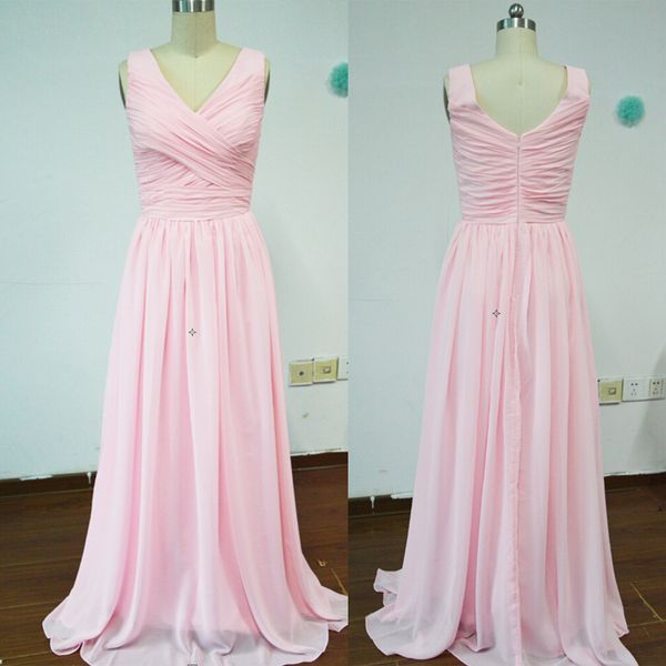 

new pink bridesmaid dresses v-neck sleeveless pleated chiffon floor length prom gowns zipper back custom made b83, White;pink