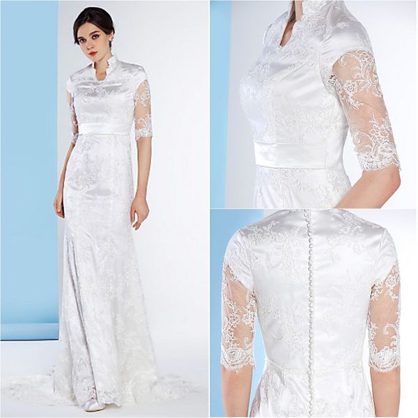 

2016 sale fashion custom made trumpet/mermaid ivory chapel train high neck half sleeve buttons lace wedding dresses 009, White