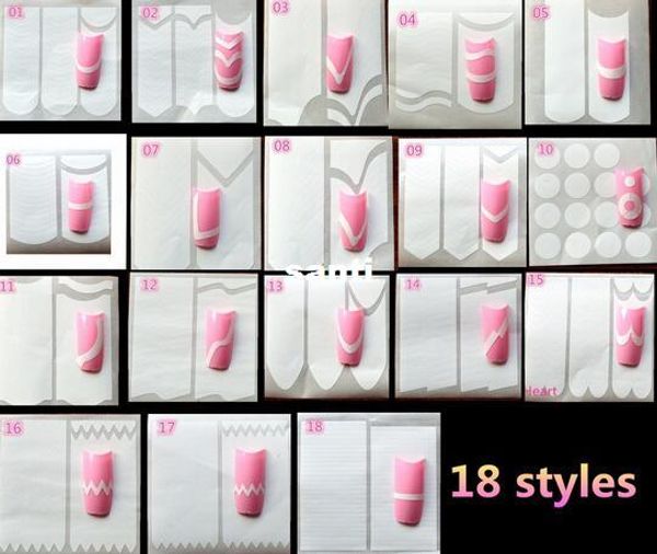 18 stili Nail Art Tips Nail Sticker Nail Art Form Guide per frange Adesivo DIY French Manicure XB1