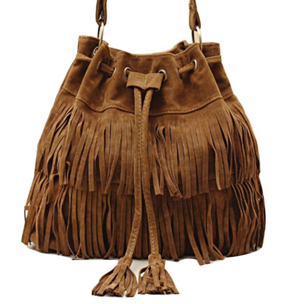 

wholesale-suede drawstring bucket bag women handbag faux fringe tassel shoulder crossbody messenger bag boho style
