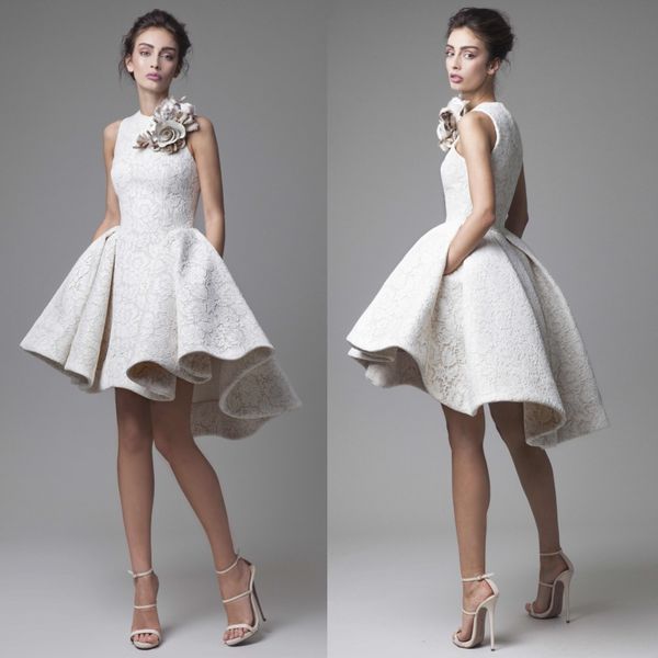 

krikor jabotian wedding dresses jewel lace appliques sleeveless high low bridal gowns short a-line beach wedding dress with flower, White