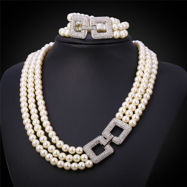 

multilayer necklace stacked bracelet austrian rhinestone square charms luxury 3 layers pearl jewelry set for women, Silver