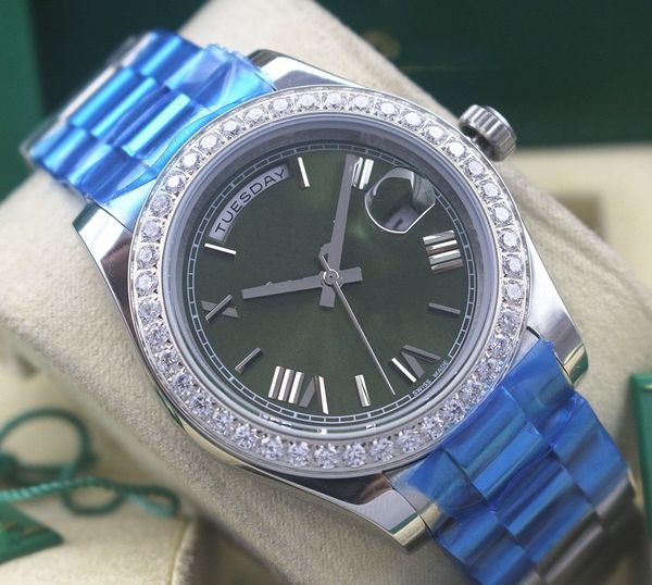 

factory supplier day-date stainless steel automatic men's casual watch 118238 41mm green dial diamond bezel mens wristwatches, Slivery;brown