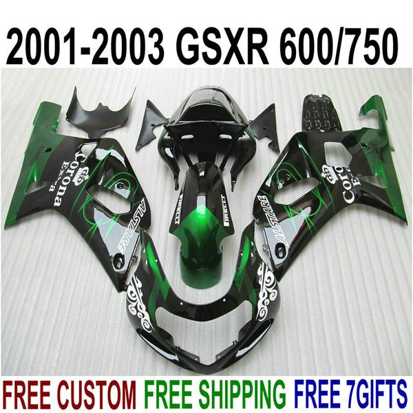 Personalizar as peças da motocicleta para SUZUKI GSXR600 GSXR750 2001 2002 2003 K1 verde preto Corona carenagem kit GSXR 600 750 01-03 carenagens RA88