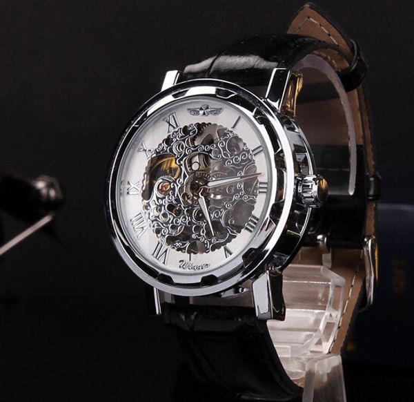 

mechanical wrist black leather band watch fashion skeleton watch steel for man gold stainless winner shipping mechanical ooemu, Slivery;brown