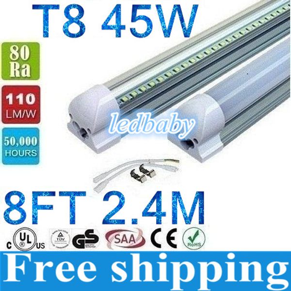 

new integrated 2.4m 8ft 45w led t8 tube lights smd2835 192leds high bright 4800lm warm/cool white frosted/transparent cover 85-265v