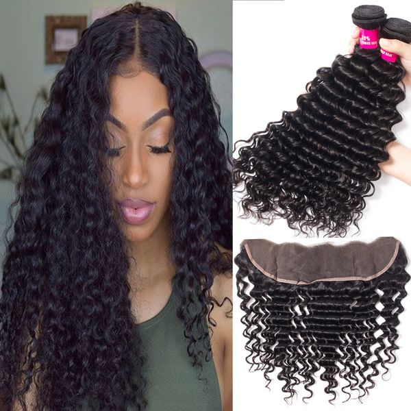 

перуанская глубокая волна кружева фронтальное закрытие с 3 пучками человеческих волос 100% необработанные бразильские перуанские малайзийски, Black;brown