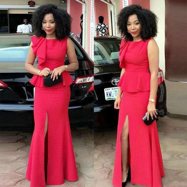 

Plus Size Red Split Evening Dresses Mermaid Satin Ruched Special Occasion Formal Dress Sleeveless Cheap Women Evening Gowns Vestidos Longo
