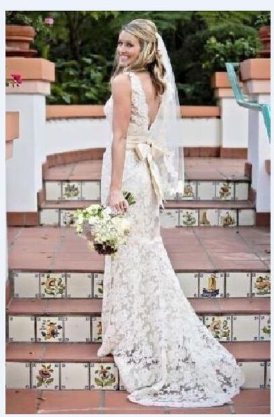 

2019 stunning mermaid full lace wedding dresses backless v-neck bow belt sweep train elegant bridal gowns custom made, White