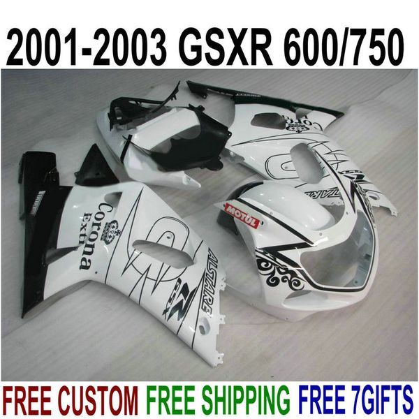 Top Quality ABS Fairings para Suzuki GSX-R600 GSX-R750 2001-2003 K1 Branco Black Corona Coroa Kit GSXR 600/750 01 02 03 SK43