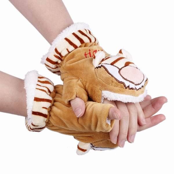 

wholesale-1 pair new novelty fashion soft warm orange tiger shaped plush gloves mittens size, Blue;gray