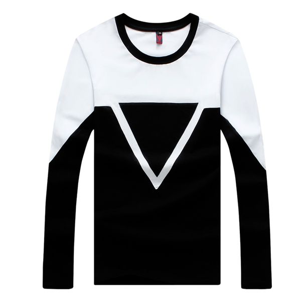

wholesale-new arrival men t shirt long sleeve korean style autumn cotton t shirts color blocking triangle round neck hip hop t shirt e53, White;black