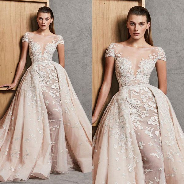 2018 Zuhair Murad Meerjungfrau Brautkleider mit abnehmbarer Schleppe Spitze Perlen Überröcke Brautkleider kurze Ärmel appliziert Vestido De Novia