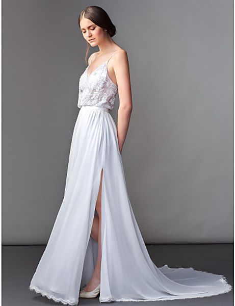 

2016 new fashion discount popular ivory sweep/brush train v-neck straps chiffon sheath/column wedding dresses 105, White
