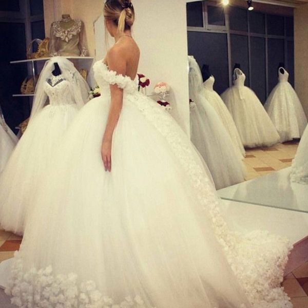 

princess ball gown wedding dress off the shoulder handmade flowers beads sequins backless bridal gowns sweep train custom made, White