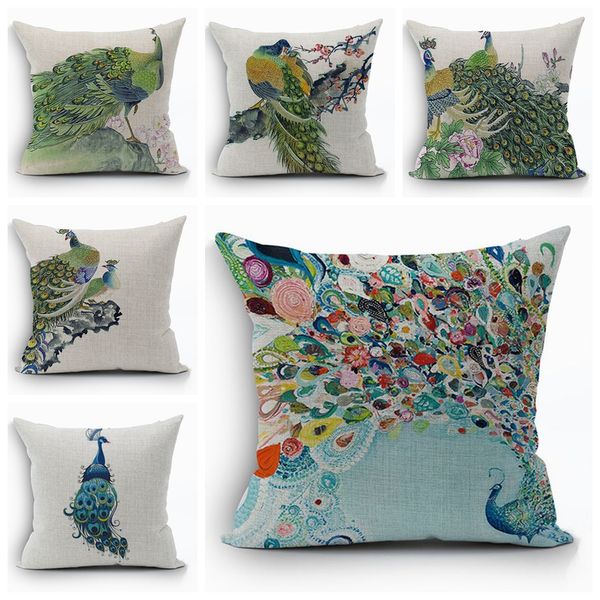 Green Peacock Cushion Cover Country Bird Decorative Pillows Case