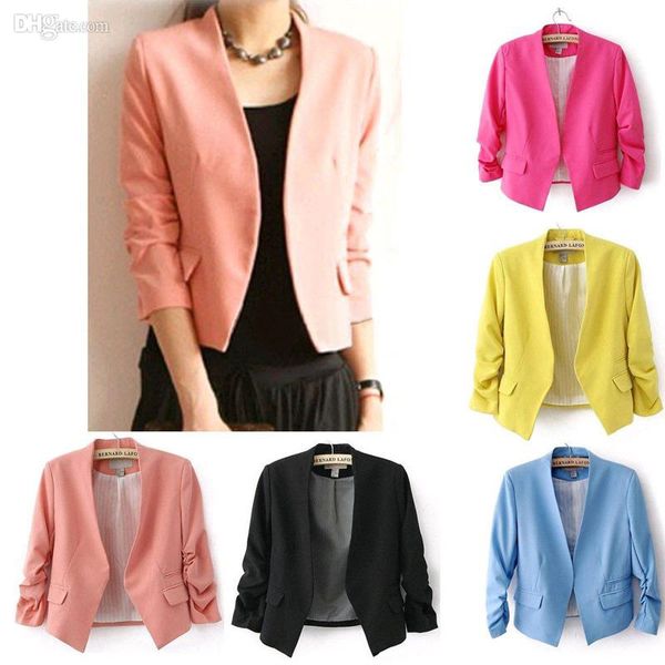 Wholesale-Blazer feminino 2015 Chaquetas Mujer New OL Work Candy Color Thin Outerwear Coat Casual Mini Short Blazer Women Suit Jacket 7342