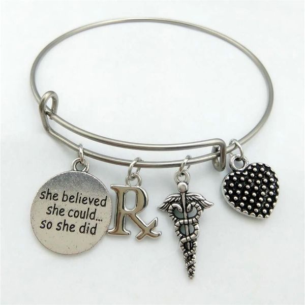 

wholesale- my shape pharmacy symbol rx & she believed she could...so she did word charm stainless steel expandable wire bangle diy medical, Black