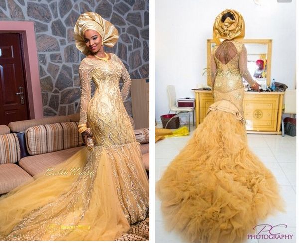 

luxury aso ebi prom dresses plus size gold crystal beaded mermaid party gowns ruffles floucning long sleeves illusion backless prom gowns, Black