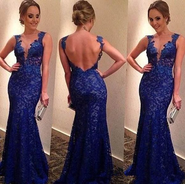 

new style formal fashion royal blue lace evening dresses v-neck backless floor length mermaid modern party gowns custom made e143, Black;red