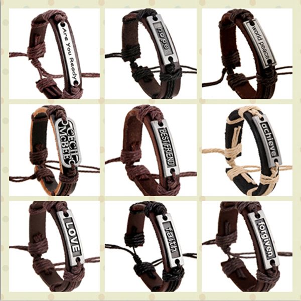 

100% genuine leather bracelet men woman love dream silence believe forgiven faith hope rope adjustable bracelet 50pcs/lot, Golden;silver