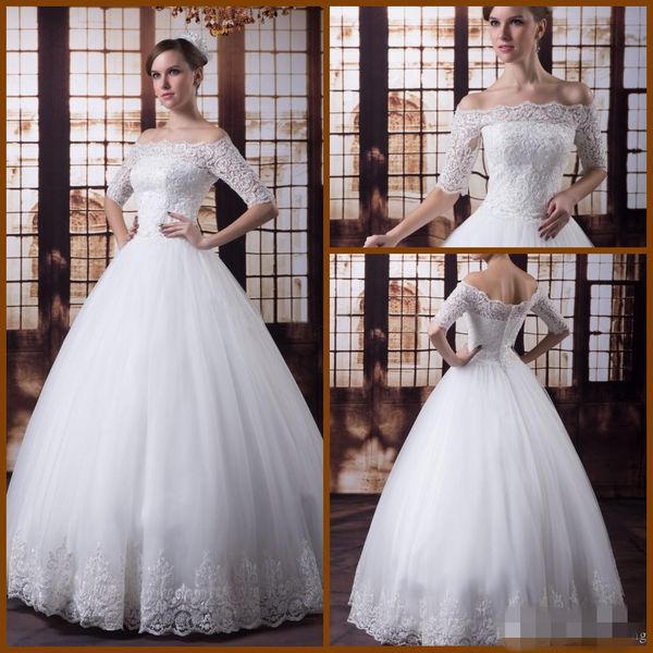 Abiti da sposa vintage a mezza manica con maniche lunghe Abiti da sposa sexy con spalle scoperte in pizzo Abito da sposa Immagine reale Abiti da sposa da chiesa lunghi fino al pavimento