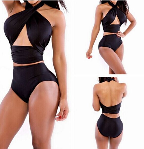 Costumi da bagno da donna a vita alta di alta qualità Slim nero push up bikini con fascia sul petto 5 colori