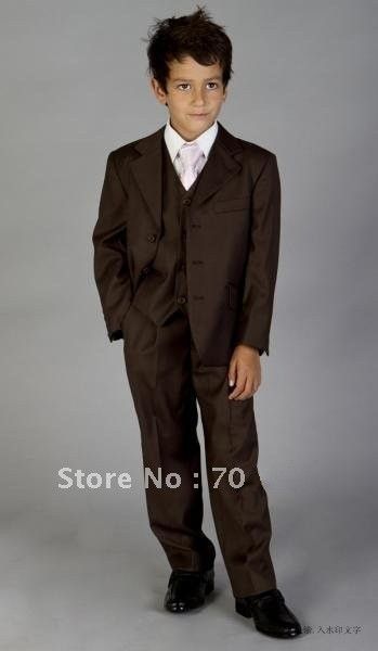 

back vent three button brown notch lapel boy' formal wear occasion kids tuxedos wedding party suits (jacket+pants+vest+tie)k53, Black