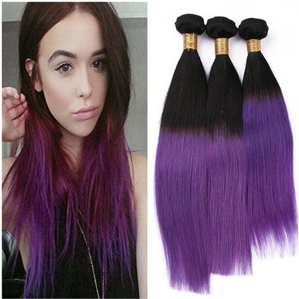 Straight 1b Purple Ombre Brazilian Human Hair Weaves Dark Root