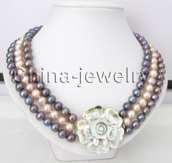 

p7875 - 18.5-20.5" 3row 9-10mm black & pink round freshwater pearl necklace, Silver