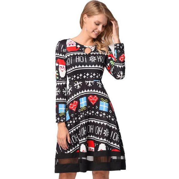 

рождественский костюм европа и соединенные штаты пятно мультфильм печати сетки сращивания платье 2017 осень и зима с длинными рукавами повсе, Black;gray