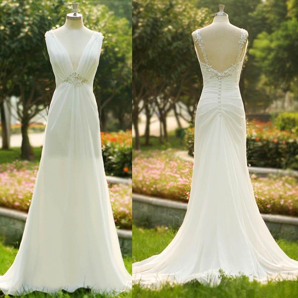 

2019 summer berach wedding dresses v-neck sleeveless beads sequins appliques lace chiffon floor length bridal gowns custom, White