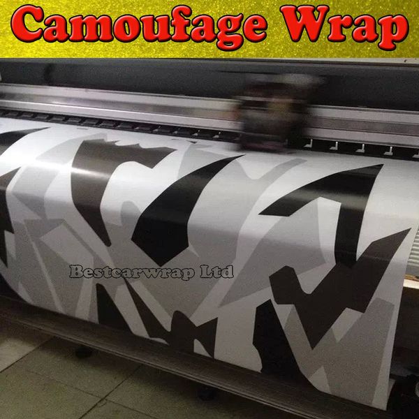 Branco Preto Cinza Neve Camo Vinyl Car Wrap Styling Com Ar Rlease Brilho / Matt Arctic Camuflagem Pixel Etiqueta Do Carro 1.52x30 m / Roll