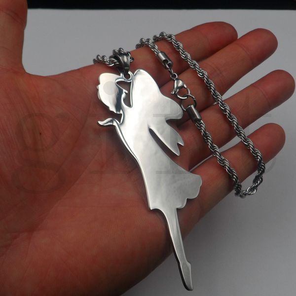

4inch tall large high-quality stainless steel pendant angel wings+rope chain necklace, Silver