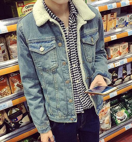 

2017 autumn winter new mens fur lining fleece jacket fashion slim fit motorcyle jean jacket denim coat brand new ing, Black;brown