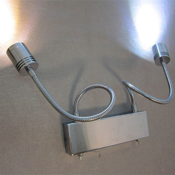 

ch bedside lights led 2x3watt double switched directional spotlights focusing lens stainless steel base aluminium tube chrome finish