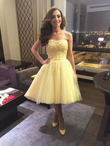

2016 short knee length yellow cocktail dresses a line tulle back zipper vestido de novia belt made in china party homecoming gowns, Black