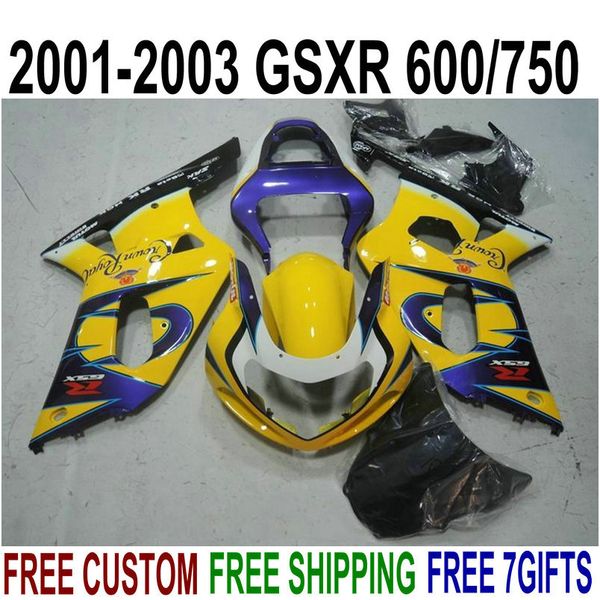 7 presentes ajuste perfeito para SUZUKI GSX-R600 GSX-R750 01 02 03 kit de carenagem K1 GSXR600 / 750 2001-2003 amarelo azul carenagens Corona XA84