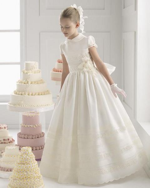 

2018 lovely flower girls dresses satin beautiful lace high collar sash flowers ruffle short sleeve ankle length wedding birthday day dress, White;blue