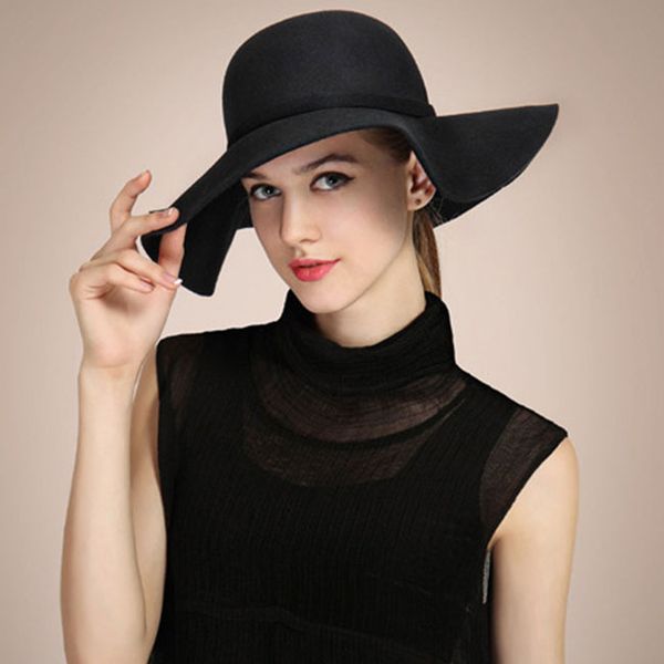 

wholesale-2015 new womens hat wide brim soft wool felt bowler fedora hat floppy cloche cap beach casual sun hat autumn winter cap 8 colors, Blue;gray