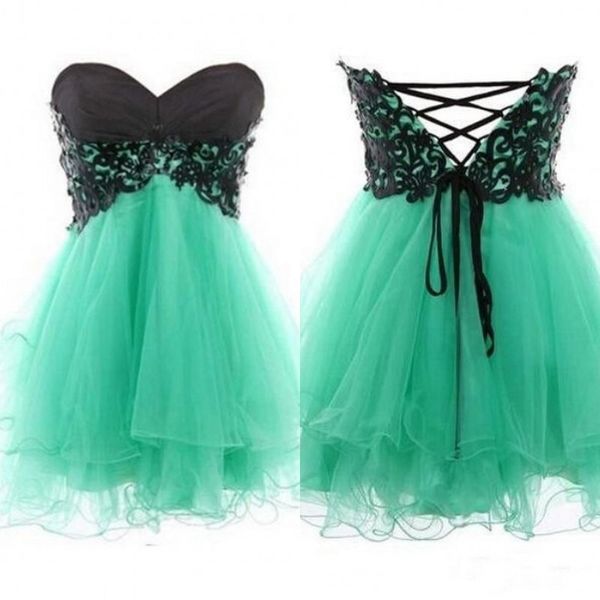 

2019 short prom dresses black lace appliques beaded mini party gowns sweetheart empire lace up back turquoise tulle custom made dress