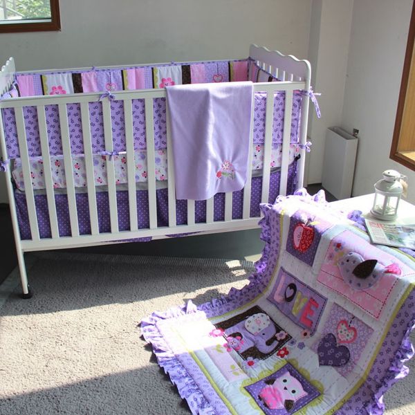Purple Embroidery 3d Elephant Owl Baby Bedding Set Quilt Bumper 8 Pieces Purple Embroidery 3d Elephant Owl Baby Bedding Set Quilt Bumper Bedskirt Fitted Blanket 100