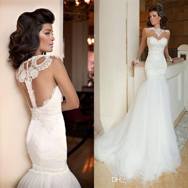 

новый винтажный стиль прозрачные свадебные платья с длинным рукавом жемчужина шеи кружева тюль русалка суд поезд классический дизайн свадебн, White