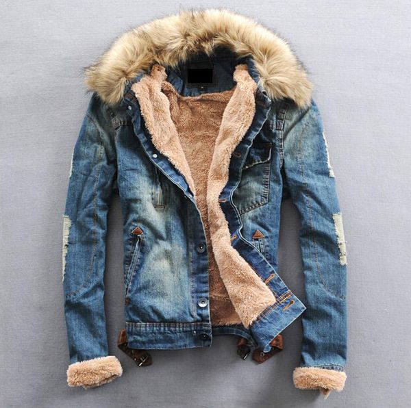 

NEW Mens winter warm fur collar fur lining denim jacket coat size S-XXXL