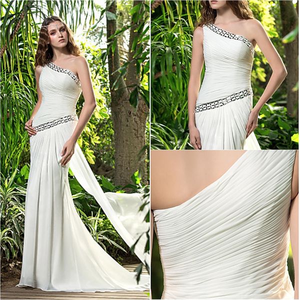 

2016 new fashion popular ivory sweep/brush train one shoulder beads chiffon sheath outdoor wedding dresses 171, White