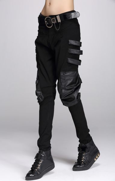 

fashion wholesale-autumn black elastic pu jeans solid color hip-hop pants casual pocket loose women cotton decoration high harem trouse gjqf