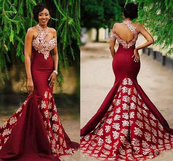 

2018 темно-красный Русалка Вечерние платья высокого шеи Кружева атласная Backless Вече