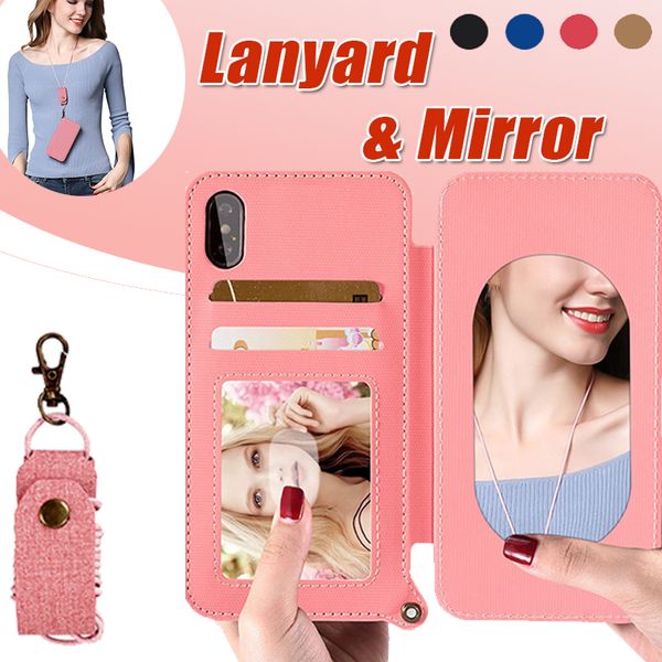 Flip Mirror Cases With Hanging Rope Sling Soft Tpu Shockproof Pu