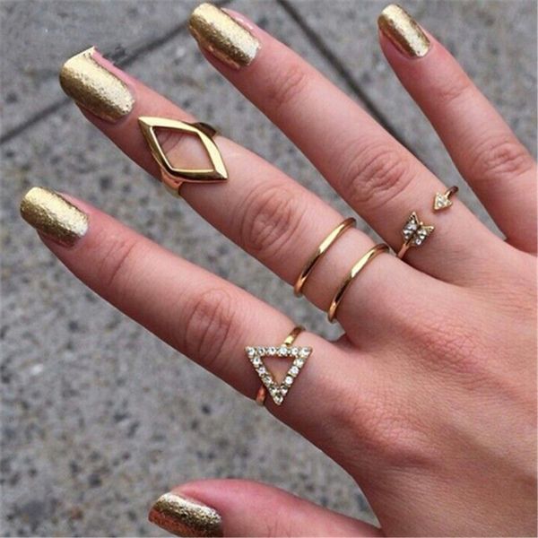 

wholesale-new 5pcs set stacking punk ring geometry triangle midi ring with crystal women rings cc2364, Silver