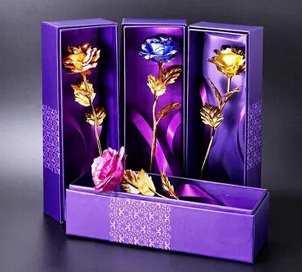 Placcato 24K fiore rosa dorato San Valentino regalo di compleanno sposa bouquet da sposa oro blu rosso con borsa viola + scatola drop shipping